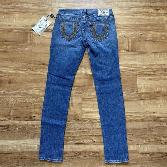 TRUE RELIGION NWT 26 Low Rise Skinny Gold Arrow Denim Big T Jeans Stretch Y2K - Picture 6 of 16